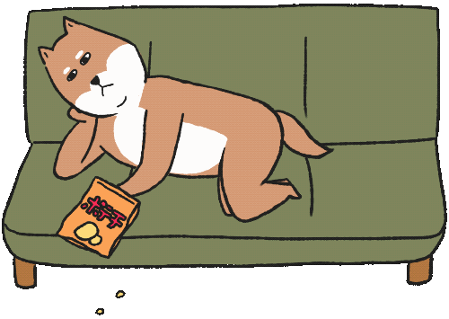 柴犬がソファでダラダラしながらお菓子をモグモグするアニメーション